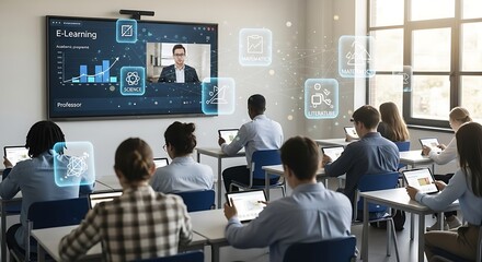 Students in classroom watching e learning presentation on interactive whiteboard screen during lecture