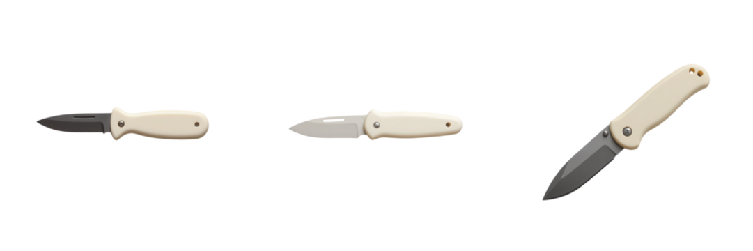 Realistic images of folding knife with white handle and sleek blade
