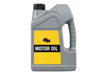 Motor oil container with yellow label automotive lubricant for vehicle engine maintenance and performance isolated on transparent background