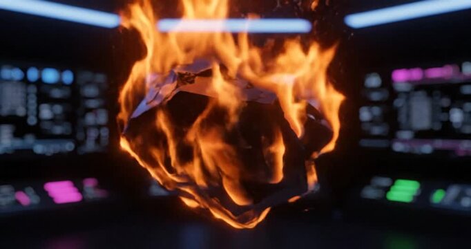 Looping flame tongues lick a shattered obsidian crystal floating in a matte black backdrop with vibrant controls