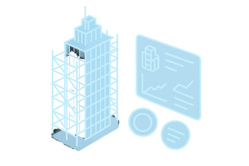 Futuristic neon blueprint of a modern skyscraper with digital interface