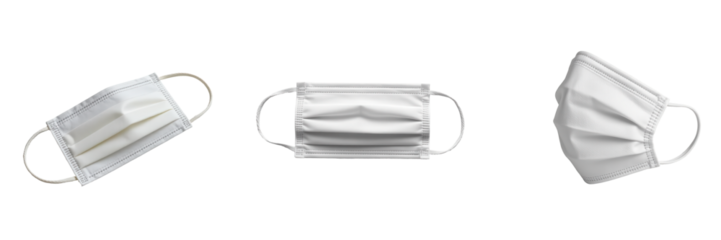 Collection of Three White Medical Face Masks Isolated on White Background