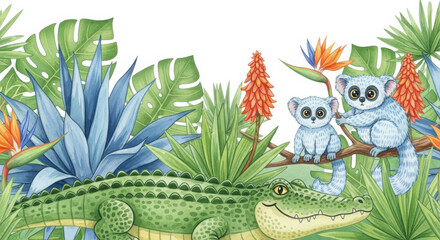 Watercolor illustration of a friendly alligator lemur and koala in a lush jungle setting isolated on white background