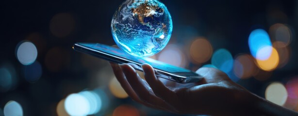 The Earth Hologram Floating Above a Smartphone in a Futuristic City Nightscape