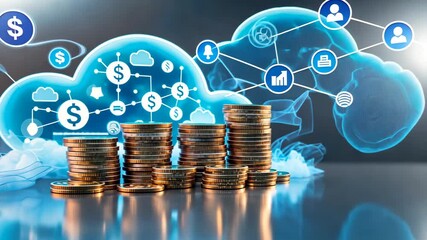 Cloud Finance Concept with Digital Currency Icons and Gold Coins Representing Fintech Growth - Powered by Adobe