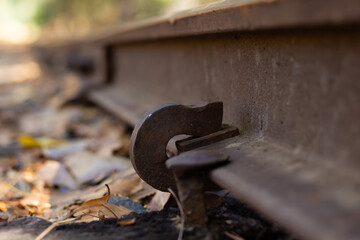 Rusty Train Track Connector Surrounded by Autumn Leaves in a Quiet Forest