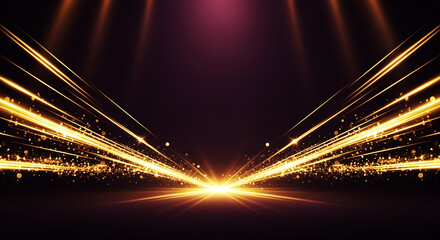 Obraz premium Abstract golden light streaks and particles exploding outwards from a central bright light source on a dark background