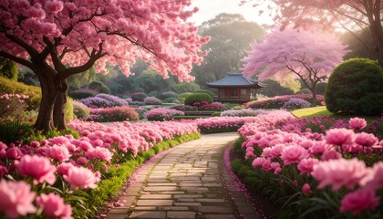 Pathway through a Blossoming Garden of Pink Flowers.