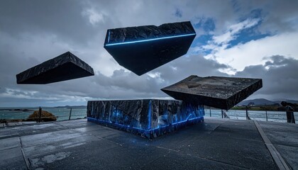 Futuristic design depicts a floating stone structure with luminescent blue lines, set against a backdrop of a cloudy sky and a tranquil seascape under an overcast atmosphere, providing a striking...