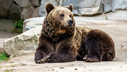 Fototapeta premium Majestic Brown Bear Resting on Ground in Sunlight.