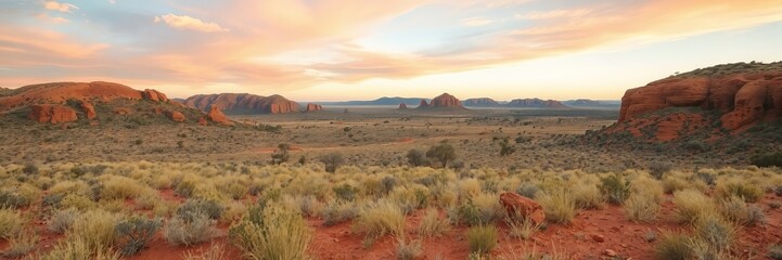 Fototapeta premium Beautiful landscape featu red rock formations and sparse vegetation is bathed in the warm glow of a colorful desert sunrise, panoramic view is majestic.