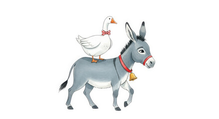 Cute cartoon chicken wearing a red bow tie riding on a smiling donkey isolated on white background
