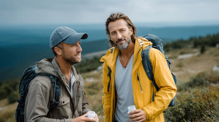 Two men hiking outdoors in nature wearing backpacks and jackets, enjoying refreshing drink during their adventure