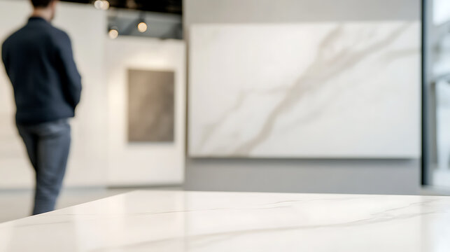 Interior with polished marble-like surfaces and a blurred figure viewing wall art, suggesting a modern design space or showroom.