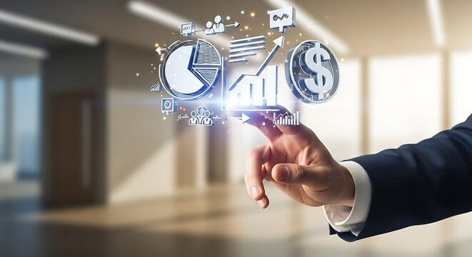Hand interacting with digital financial interface showing charts and dollar sign in an office space - Powered by Adobe
