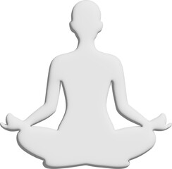 A smooth white 3D figure of a person sitting in a lotus pose, symbolizing meditation, balance, and inner peace against a minimalist background.