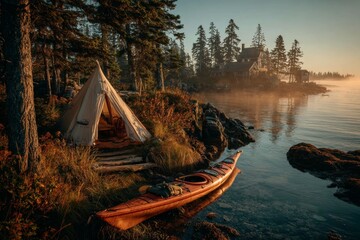 A serene eco-campsite near a clear lake. Generative AI