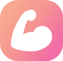 A minimalist white muscle arm icon on a pink-to-peach gradient background symbolizes strength, empowerment, and fitness in a clean modern style.