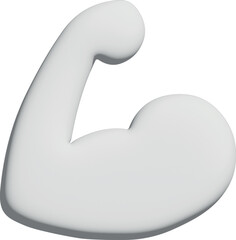 A minimalist 3D white bicep flex icon symbolizes strength, power, fitness, and confidence with smooth rounded shapes and a modern soft design.