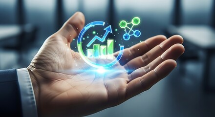 Hand holding a holographic graph and molecule structure in a business setting showing growth data