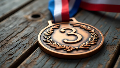 Bronze medal for third place on a weathered wooden surface.
