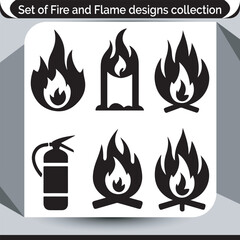 Set of fire and flame designs collection flame icons vector art and fire extinguisher symbol