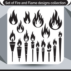 Collection of diverse fire and flame designs including torches symbolic of energy and power