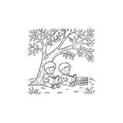 Two boys reading books under a leafy tree black and white illustration