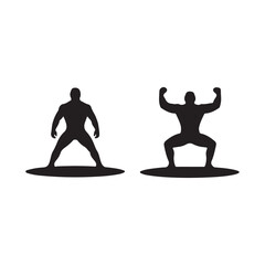 Two strong male silhouettes in dynamic fitness poses black and white