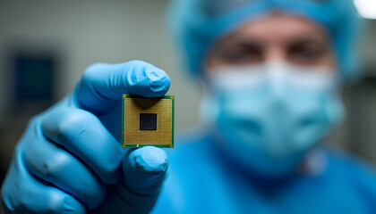Technician holding a CPU in a lab setting