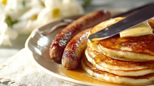 A delicious breakfast plate featuring golden pancakes topped with a pat of butter, accompanied by savory sausages, set on a rustic table with fresh flowers in the background