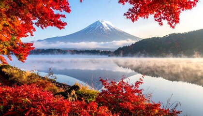 Mount Fuji Autumn Foliage Lake Reflection.