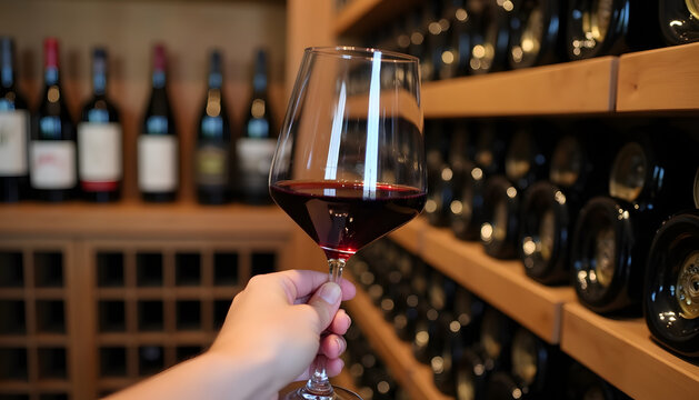 A hand holding a glass of red wine in front of a wine cellar.
