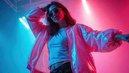 Trendy young woman poses in Y2K fashion under bright neon lights. She wears sunglasses, a crop top, and a pink bomber jacket on a club stage. Energetic mood. Her confident look stands out.