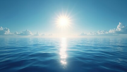 Obraz premium Vast blue ocean stretches to horizon under bright sunlight. Calm water reflects sun rays creating shimmering path. Sky displays fluffy white clouds above serene seascape. Banner format perfect for