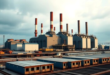 Large industrial factory building with smokestacks and loading docks, economics, building