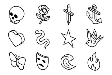 Fototapeta premium Bold black line tattoo icons featuring skull, rose, dagger, anchor, and more