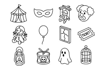 Halloween circus flat icons: mask, puppet, ghost, clown, and lantern designs