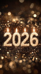 Festive 2026 Scene with Illuminated Candle Numbers on a Gold Glittery Background — Sparkling Bokeh Effect Creating a Bright, Cheerful New Year Celebration Atmosphere. Aspect ratio 9:16