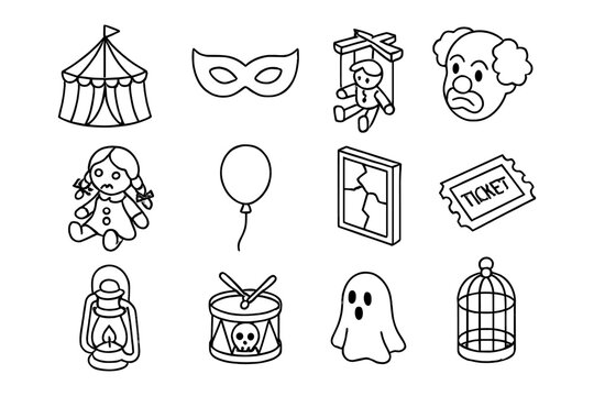Halloween circus flat icons: mask, puppet, ghost, clown, and lantern designs