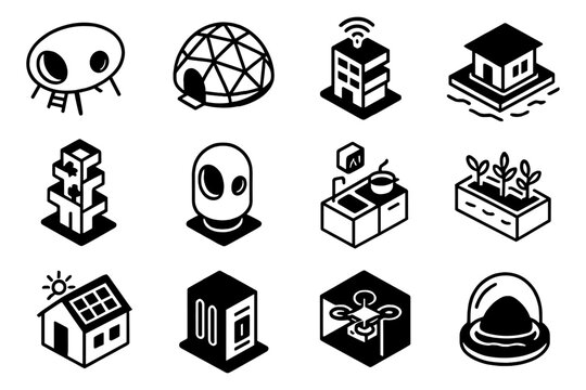 Futuristic isometric icons of architecture, technology, and sustainability