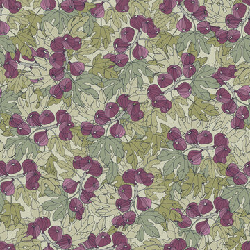 Seamless repeating pattern imitates an intricate tapestry showcasing nature's beauty with picturesque fig branches with large leaves and ripe fruits in rich, earthy color palettes with Layered details