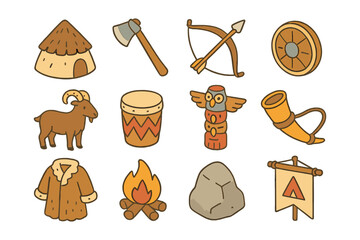 Rustic doodle icons: viking camp essentials in hand-drawn style