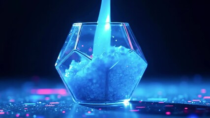 A geometric glass holding a blue liquid, liquid pouring in, over a textured surface with neon highlights - Powered by Adobe