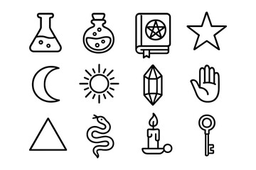 Mystical magic icons: alchemy, astrology, and witchcraft in simple line art