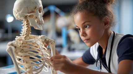 A young girl examines a skeleton model