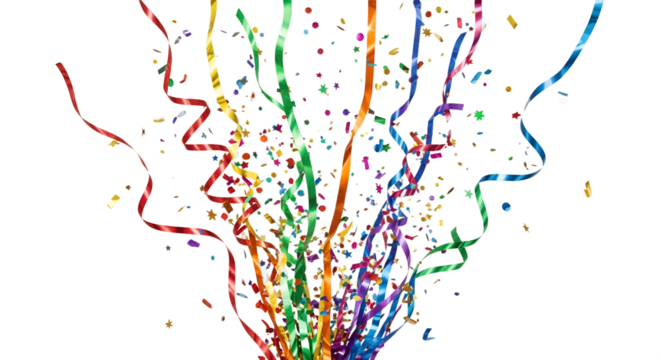 Rainbow metallic streamers and paper confetti floating in the air
