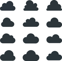 Collection of dark gray cloud icons on a white background