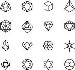 Collection of geometric shapes and crystal icons in outline style