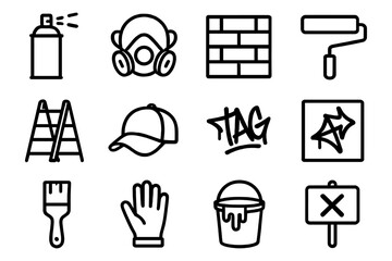 Urban graffiti tools and essentials in linear icons set